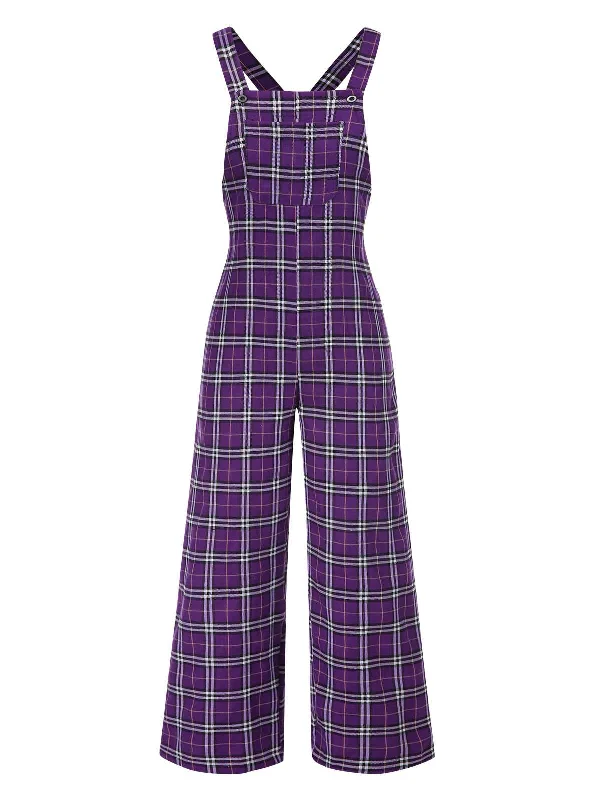 Purple 1960s Plaids Wide-Leg Overall Jumpsuit