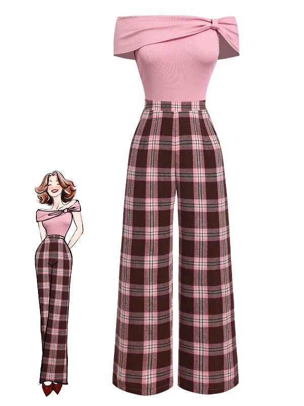 [Pre-Sale] Pink 1930s Off-Shoulder Plaids Jumpsuit