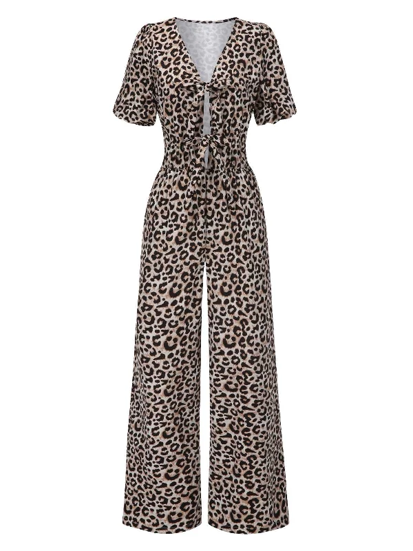 1970s V-Neck Puff Sleeve Leopard Jumpsuit