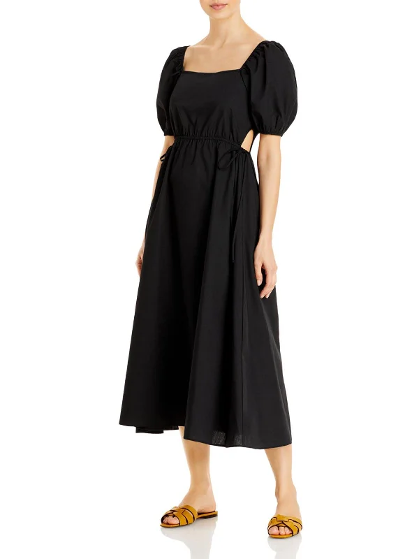 Womens Cut Out Puff Sleeves Midi Dress