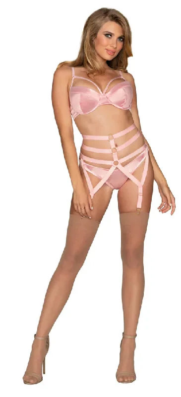 Stretch Satin Strappy Bra, Garter Belt & Thong