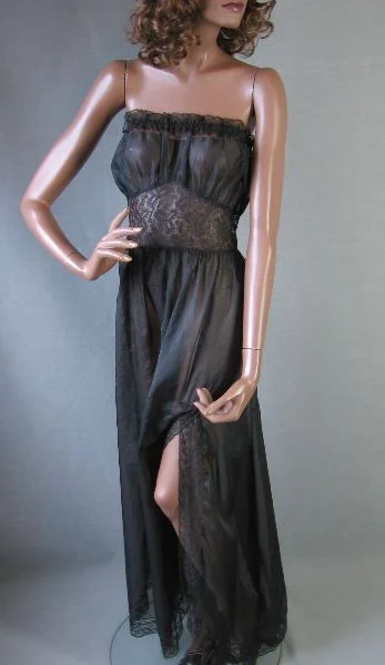 Women's 50s Nightgown Vintage Strapless Lacy Gown Peekaboo Semisheer Black Large Rojene FG